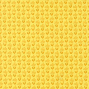 May include: A bright yellow fabric featuring a repeating pattern of small, stylized orange flowers arranged in vertical columns. Each flower consists of a simple rounded blossom atop a thin stem with two small leaves, creating a uniform design.