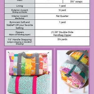May include: A chart with instructions for making a patchwork duffle mini bag. The chart lists the yardage requirements for the main fabric, lining, exterior accent, interior accent, batting, zippers, and handle strapping. The chart also includes the dimensions of the bag: 10 inches high, 17 1/2 inches wide, and 8 1/2 inches deep. The chart includes two versions: one fabric and patchwork. The patchwork version requires 12 fat quarters or 3 1/2 inch scraps. The chart also includes a picture of a finished patchwork duffle mini bag.