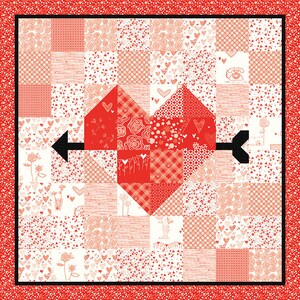 May include: A red and white patchwork quilt with a large heart design in the center. The heart is made up of smaller squares of fabric with different patterns, including hearts, flowers, and stripes. An arrow is pointing through the heart.