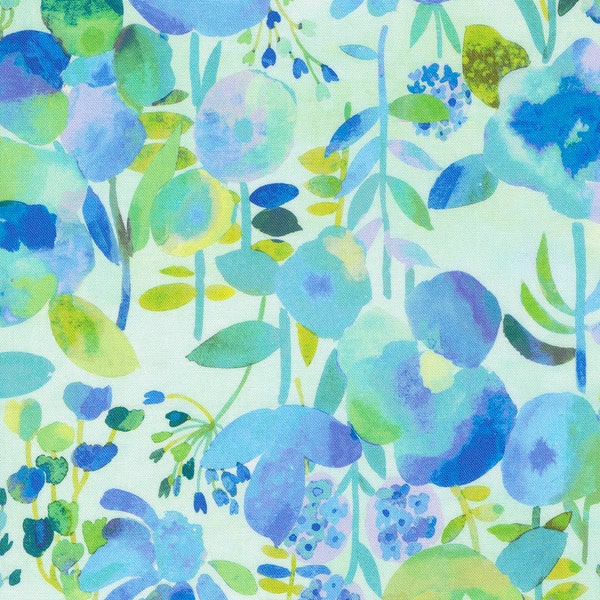 Moda Gradients Auras Dreamy Flowers Turquoise (33730 14) 1/2-YD Increments*Watercolor Fabric*Bright Floral Fabric*Blue Floral Fabric*Florals