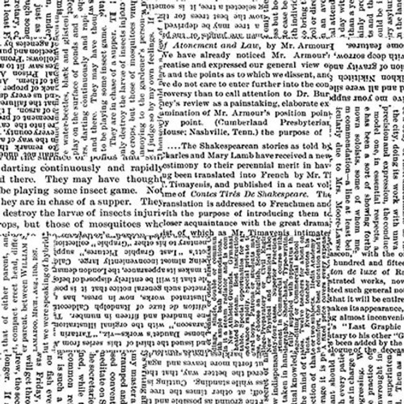 May include: A black and white newspaper clipping with text about the Shakespearean stories as told by Charles and Mary Lamb. The text mentions a new translation into French by Mr. Timayenis and published in a neat volume. The clipping also mentions a review of a book titled "Atonement and Law" by Mr. Armour.