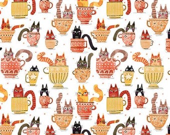 Benartex Garden Cats Teacup Cats Orange/Multi (16347-37) 1/2-YD Increments*Cat Fabric*Garden Cats*Cats*Cat Print*Cats in Teacups*Cat Lovers*