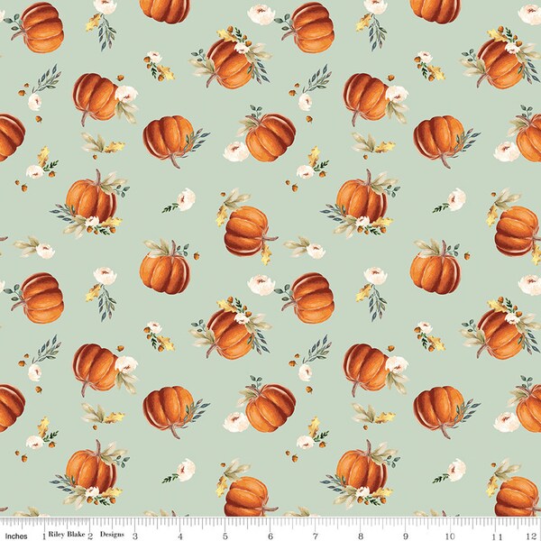 Riley Blake Designs Shades of Autumn Pumpkin Tea Green (C13471-TEAGREEN) 1/2-YD Increments*Autumn Floral*Fall Fabric*Shades of Autumn*