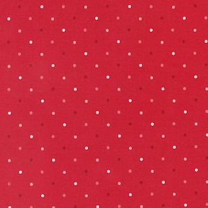 May include: Red fabric with a repeating pattern of small, evenly spaced white and light-colored dots. The dots are scattered across the surface, creating a textured appearance. The fabric has a woven texture.