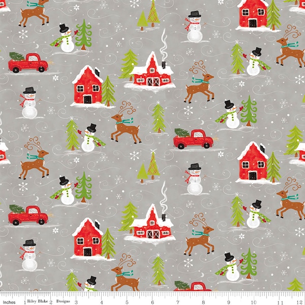 Riley Blake Designs Snowed In Main Gray*C10810-GRAY*1/2 Yard Increments*Snowman Fabric*Vintage Truck Fabric*Pine Tree Fabric*Snowflakes*Snow