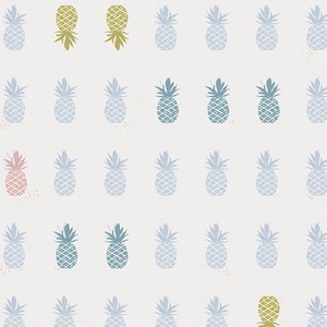 May include: A white background with a repeating pattern of blue and green pineapples. The pineapples are in various shades of blue and green.