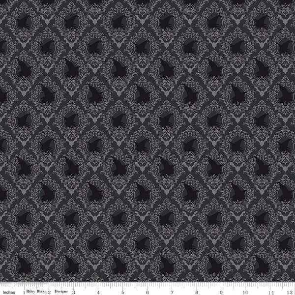Riley Blake Designs Spooky Schoolhouse Damask Charcoal (C13204-CHARCOAL) 1/2-YD Increments*Halloween Fabric*Sparkle Cotton*Potions*Damask*