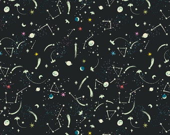 Riley Blake Designs Tiny Treaters Milky Way Charcoal Glow in the Dark (GC10485-CHARCOAL) 1/2 Yard Increments
