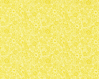 May include: A seamless pattern of white flowers on a bright yellow background. The flowers are of various sizes and shapes, creating a cheerful and whimsical design.