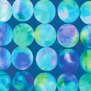 May include: A fabric pattern featuring a repeating design of large, watercolor-style circles in shades of blue, teal, and green. The circles have a mottled appearance, with lighter and darker areas within each shape. The background is a deep blue.