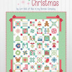 May include: A patchwork quilt with a Christmas theme. The quilt features various holiday-themed blocks, including gingerbread men, ornaments, and snowflakes. The quilt has a green border with red bows at each corner. The words "Vintage Christmas" are at the top.