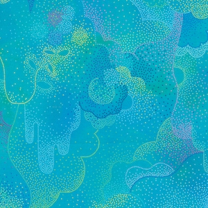 May include: Abstract art print with a blue background and a pattern of small dots in various shades of blue, green, yellow, and purple. The dots are arranged in a swirling, organic pattern, creating the illusion of clouds or smoke.