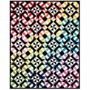May include: A quilting pattern called "Corkscrew" by Melissa Corry. The pattern features a colorful geometric design with a black background. The pattern is fat eighth friendly and comes in six sizes.