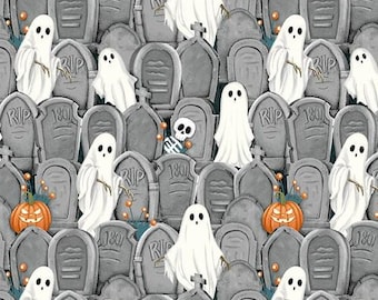 Henry Glass & Co. Ghosts in the Graveyard Gray (2023G-90 Gray) 1/2-YD Increments*Halloween Fabric*Pumpkin Fabric*Boo*Ghosts*Glow in the dark