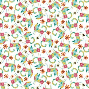 May include: A seamless pattern featuring colorful cats with floral designs on a white background. The cats are stylized with large eyes and a whimsical, cartoonish appearance. The flowers are in shades of pink, yellow, orange, and green.