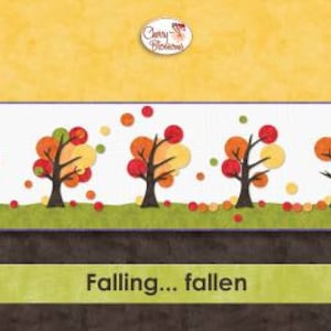 May include: Five stylized trees with red, orange, and yellow leaves. The trees are arranged in a row across a white background. The leaves are falling from the trees. The text "Falling...fallen" is below the trees.