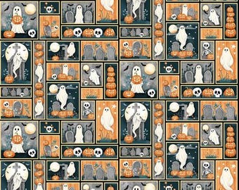 Henry Glass & Co. Ghosts in the Graveyard Ghost Patchwork Glow (2021G-39 Multi) 1/2-YD Increments*Halloween Fabric*Pumpkin Fabric*Boo*