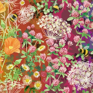 May include: A colorful illustration of a field of wildflowers with bees buzzing around them. The flowers are arranged in a rainbow pattern, with yellow flowers on the left, orange flowers in the middle, and purple flowers on the right.