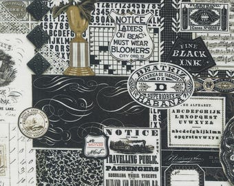 Moda Sable & Swan Black Collage (7441 11) 1/2-YD Increments*Low Volume*Blender*Background Fabric*Black and White*Crossword Puzzle*Collage