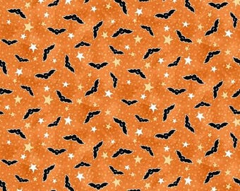 Henry Glass & Co. Ghosts in the Graveyard Bats Glow (2030G-33 Orange) 1/2-YD Increments*Halloween Fabric*Spiderwebs*