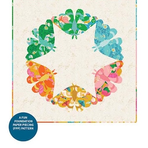 May include: A quilt pattern featuring a star shape surrounded by six colorful moths. The pattern is titled "Modern Moths Quilt" and is described as a "Fun Foundation Paper Piecing (FPP) Pattern". The pattern is from Whole Circle Studio.