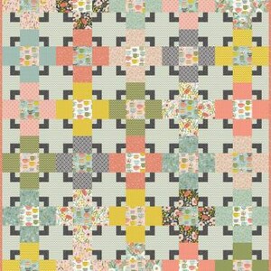 May include: A quilt pattern with a repeating design of squares and rectangles in various colors, including green, yellow, pink, and blue. The squares and rectangles are filled with a variety of floral patterns.