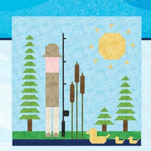 May include: A quilt pattern titled "Skinny Fisherman" featuring a stylized fisherman with a fishing rod, trees, sun, and ducks. The quilt measures 58 x 58 inches. The pattern is by Farmer's Daughters Quilts.