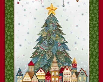 Henry Glass Nordic Holiday Village Tree Panel Ice Blue (3614P-17) 1-YD Increments