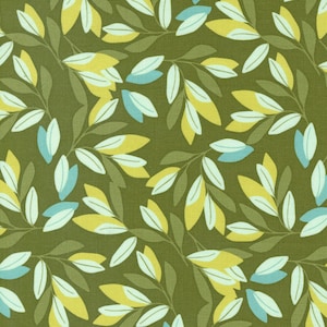 May include: A seamless pattern featuring stylized green, yellow, and blue leaves on a dark green background.