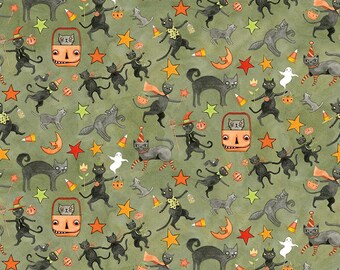 Riley Blake Designs Spooky Cats Green by Teresa Kogut (C17572-GREEN) 1/2-YD increments
