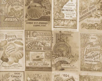 Moda Farm and Garden Seed Catalogue Toast (7476 12) 1/2-YD Increments*Low Volume*Seed Catalogue Fabric*Novelty Farm Fabric*Farm Fabric*Seeds
