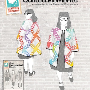 May include: Illustration of two figures wearing colorful, geometric-patterned quilted coats. The coats feature a rainbow of colors and are part of the "Wild Friends Quilted Elements" collection. The image includes text about the pattern.
