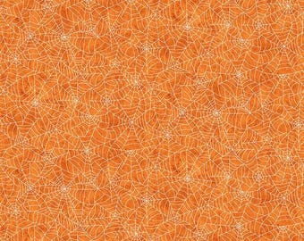 Henry Glass & Co. Ghosts in the Graveyard Spiderweb Glow (2028G-33 Orange) 1/2-YD Increments*Halloween Fabric*Spiderwebs*