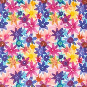 May include: A vibrant floral pattern featuring watercolor-style flowers in shades of pink, purple, yellow, and blue. The flowers are layered and overlapping, creating a dense, colorful design on a white background.