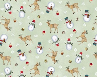 Henry Glass Nordic Holiday Village Tossed Reindeer Light Sage (3607-16) 1/2-YD Increments