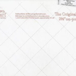 May include: White fabric with a quilted pattern and the text "Quiltsmart" in the upper left corner. The text "The Original Fusible 24" on-point Grid" is in the upper right corner. Instructions are also printed on the fabric.