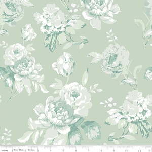 May include: A seamless fabric pattern featuring a repeating design of white and light green floral bouquets on a light green background.