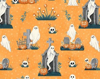 Henry Glass & Co. Ghosts in the Graveyard All Over Ghosts, Pumpkins and Skulls Glow (2024G-33 Orange) 1/2-YD Increments*Halloween Fabric*