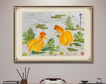Golden Fish Painting, Chinese Brush Art on Rice Paper, Original Art