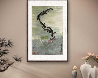 Koi Fish Sumi-e Painting, Original Oriental Zen Wall Art