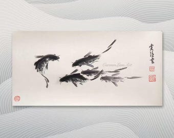 Five blessings koi fishes, ORIGINAL sumí-e painting, freehnad style, zen, hand-painted.