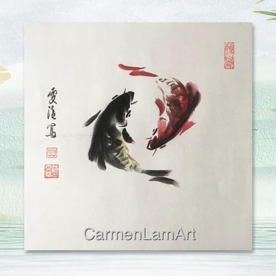Yin Yang Tai Chi koi fish art, ORIGINAL chinese ink & watercolor art, freehnad style, zen art, square sumi-e koi fish, hand-painted koi fish