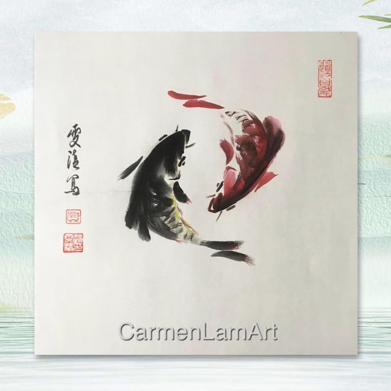 May include: Watercolor painting of two koi fish in black and red, swimming in opposite directions. The artwork features Chinese calligraphy and red stamps. The artist's name, CarmenLamArt, is at the bottom.