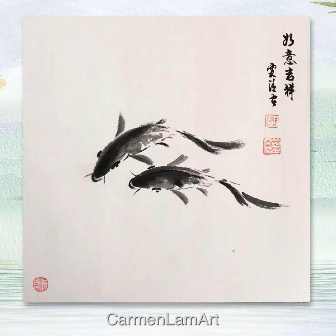 Two Koi Fishes, ORIGINAL sumí-e painting, freehnad style, zen, square, hand-painted