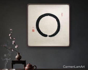 Original Enso Painting – Zen Circle Sumi-e Art on Rice Paper, Meditation Wall Art