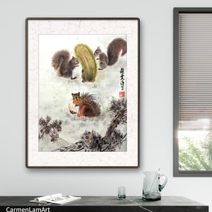 Four Squirrels In The Neighborhood,  Fine art Prints from My Sumi-e Original, Decor Wall Art for Your Home & Office, Gifts, Gift Give,