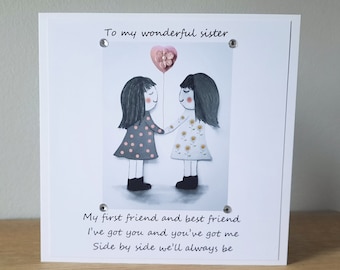 Handmade Sister Birthday Card: Sisters Poem, Gem Embellishments