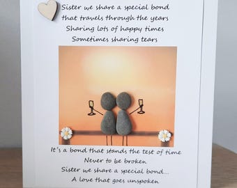 Handmade Pebble Art Sister Card: Birthday, Poem Card
