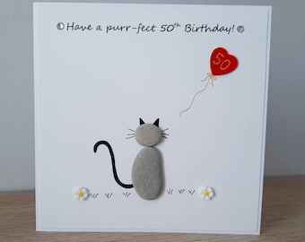 Pebble Art Cat Birthday Card: Handmade Personalized Age Card