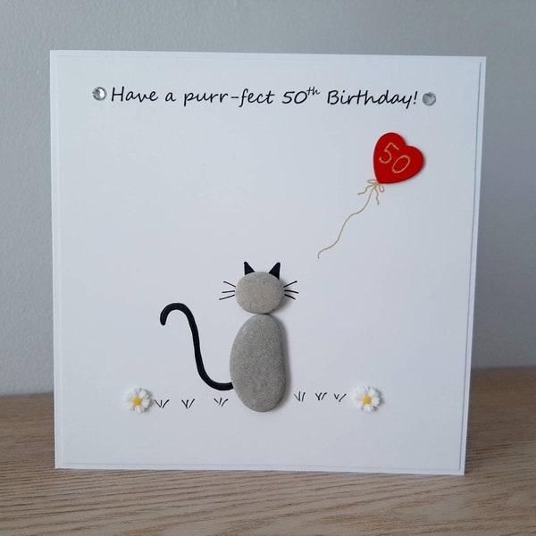 Pebble art card. Pebble cat card. Pebble cat birthday card. 30th 40th 50th 60th Birthday card. Have a purrfect birthday. Pebble art cat card